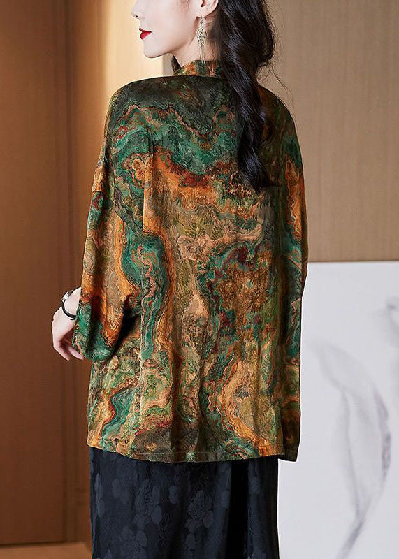 Brown Stand Collar Button Print Patchwork Silk Blouse Top Summer