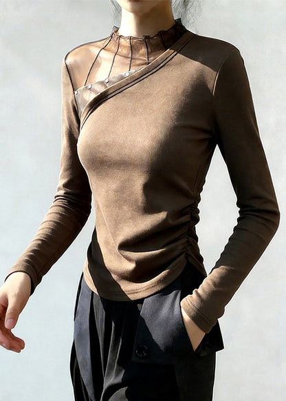 Women Brown Stand Collar Patchwork Wrinkled Cotton Blouse Top Spring
