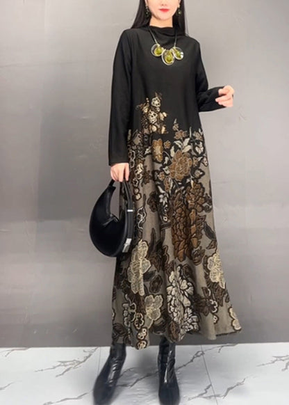 Brown Stand Collar Print Long Dresses Spring