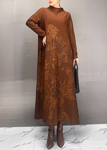 Brown Stand Collar Print Long Dresses Spring