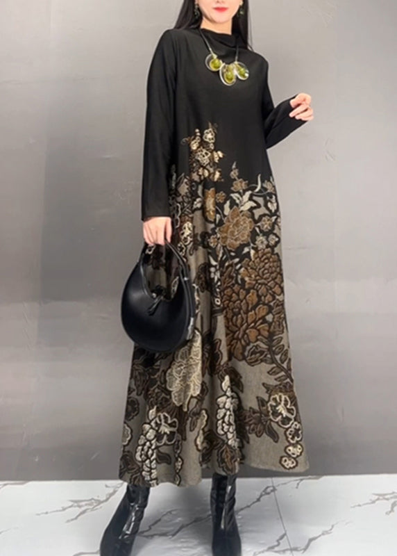 Brown Stand Collar Print Long Dresses Spring