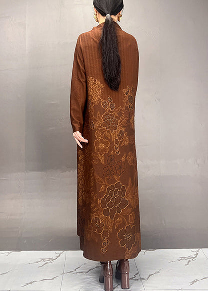 Brown Stand Collar Print Long Dresses Spring