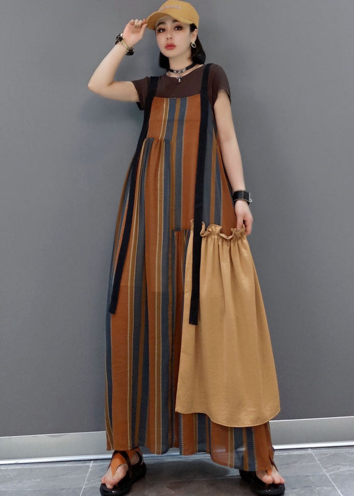 Brown Striped Patchwork a Line Skirts Short Sleeve Dresses