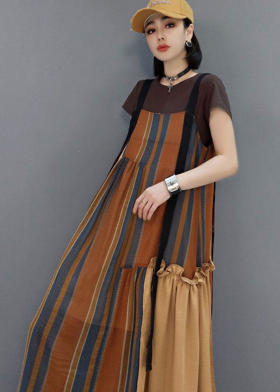 Brown Striped Patchwork a Line Skirts Short Sleeve Dresses