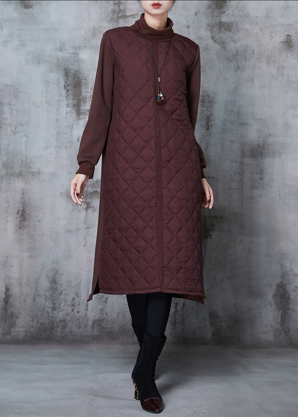Brown Turtle Neck Patchwork Fine Cotton Filled Dresses Spring