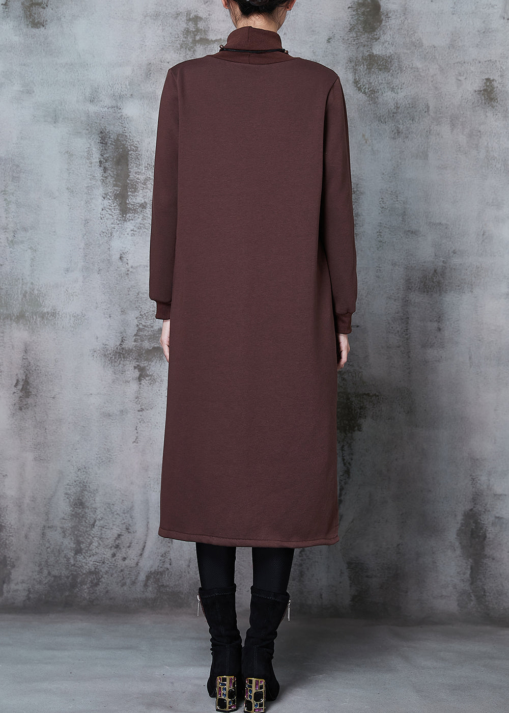 Brown Turtle Neck Patchwork Fine Cotton Filled Dresses Spring