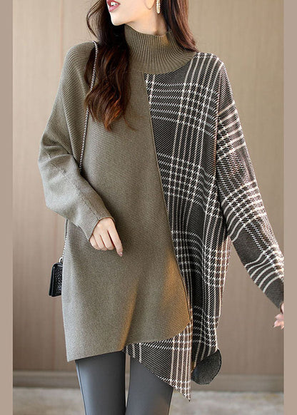 Brown Turtleneck Patchwork Plaid Fall Sweater