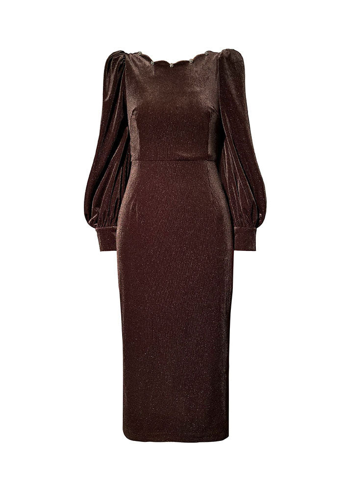 Brown V Neck Button Wraped Silk Velour Dresses Vestidos Long Sleeve