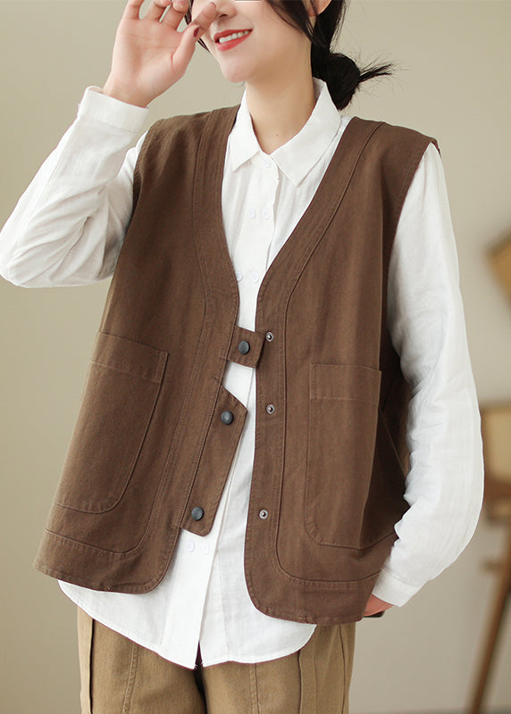 Brown V Neck Pockets Patchwork Cotton Vest Sleeveless