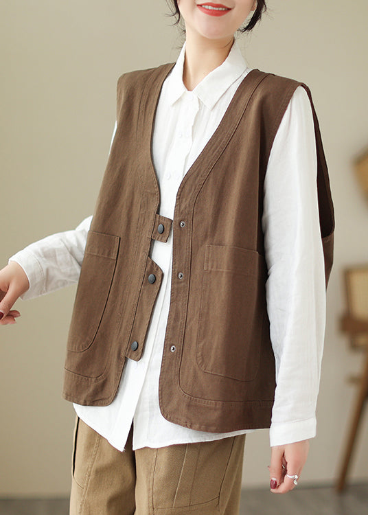 Brown V Neck Pockets Patchwork Cotton Vest Sleeveless
