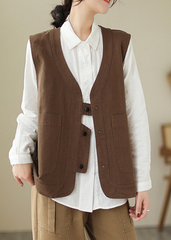 Brown V Neck Pockets Patchwork Cotton Vest Sleeveless
