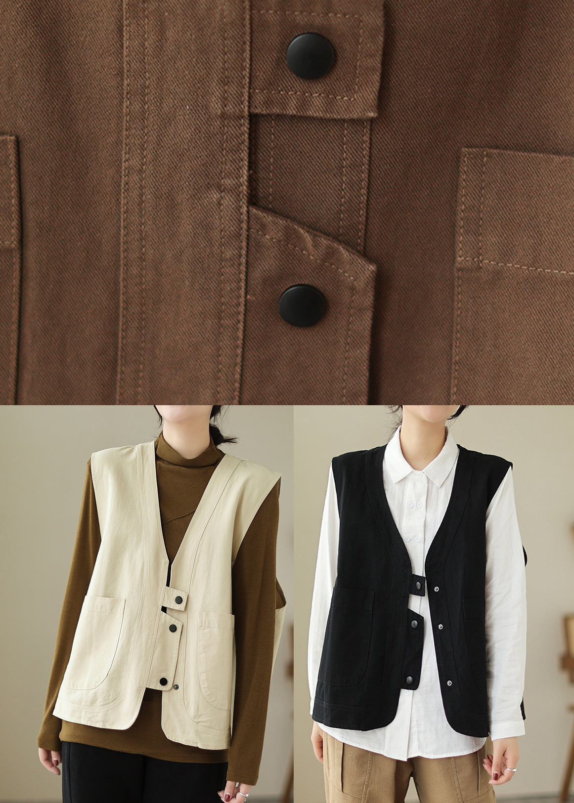 Brown V Neck Pockets Patchwork Cotton Vest Sleeveless