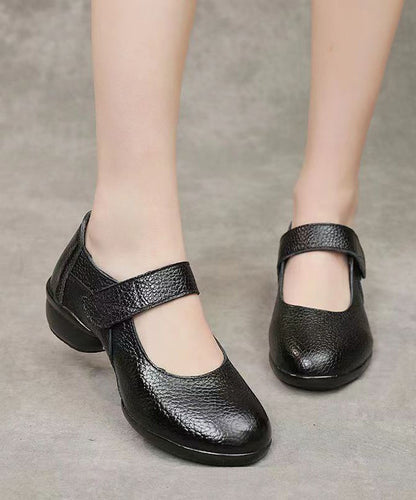 Buckle Strap Splicing Chunky Black Cowhide Leather Dance Shoes