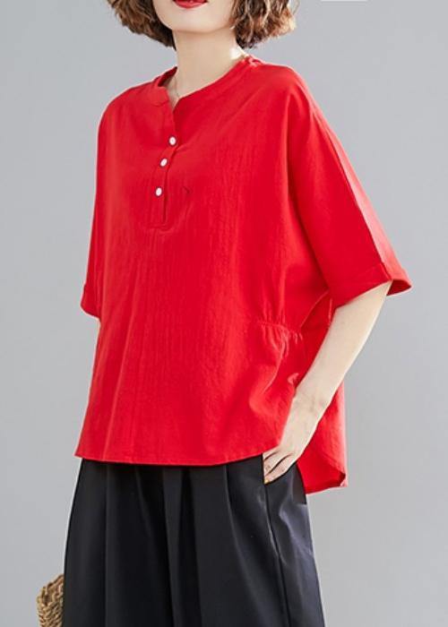 Button Down Elastic Waist Linen Shirts Red Art Blouses