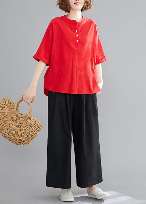 Button Down Elastic Waist Linen Shirts Red Art Blouses