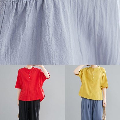 Button Down Elastic Waist Linen Shirts Red Art Blouses