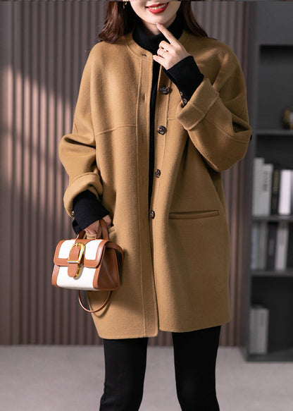 Camel O Neck Pockets Button Patchwork Wool Coats Fall