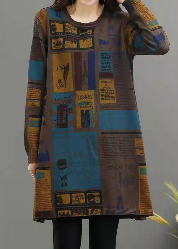 Camel O Neck Print Patchwork Warm Fleece Mid Dress Winter