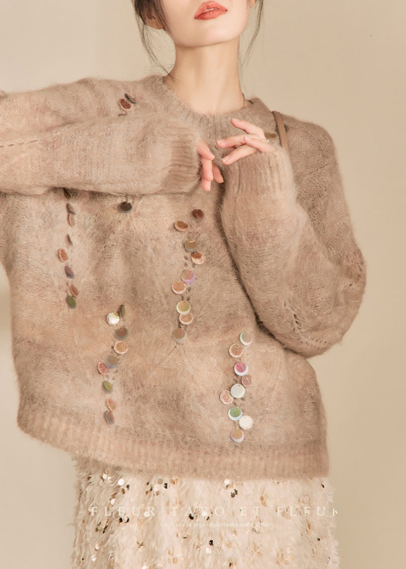 Camel O-neck Sequins Thick Cotton Knit Sweater Spring