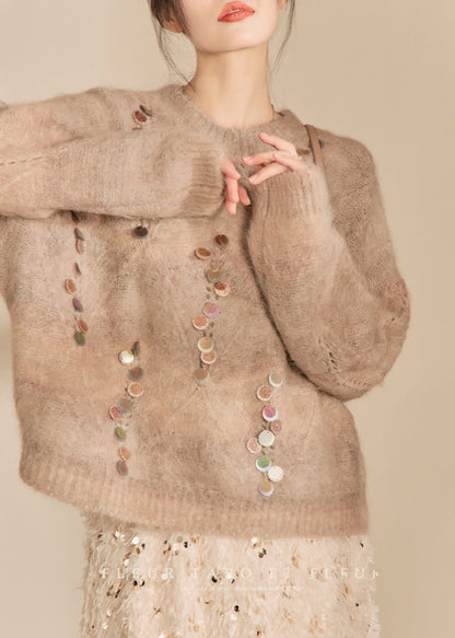 Camel O-neck Sequins Thick Cotton Knit Sweater Spring