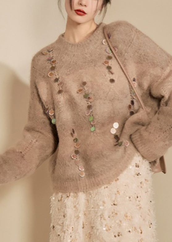 Camel O-neck Sequins Thick Cotton Knit Sweater Spring