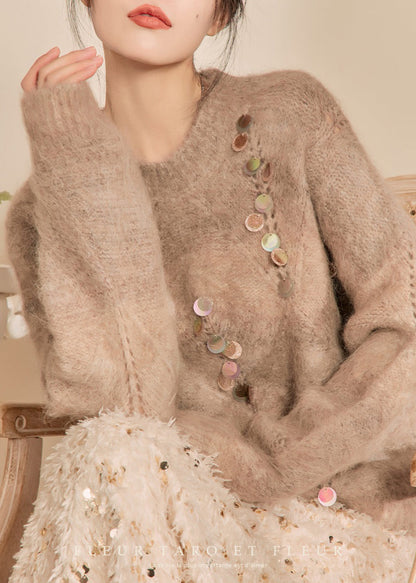 Camel O-neck Sequins Thick Cotton Knit Sweater Spring