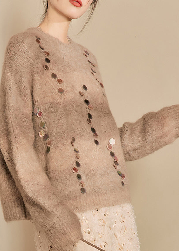 Camel O-neck Sequins Thick Cotton Knit Sweater Spring
