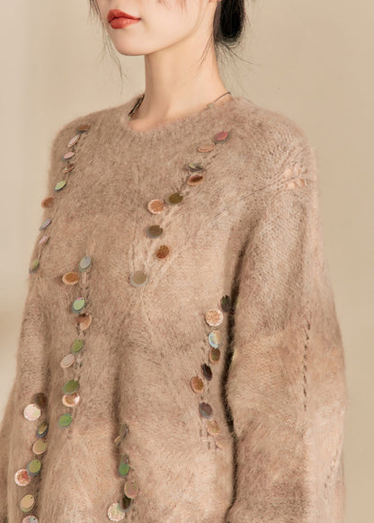 Camel O-neck Sequins Thick Cotton Knit Sweater Spring