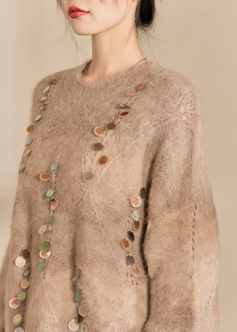 Camel O-neck Sequins Thick Cotton Knit Sweater Spring