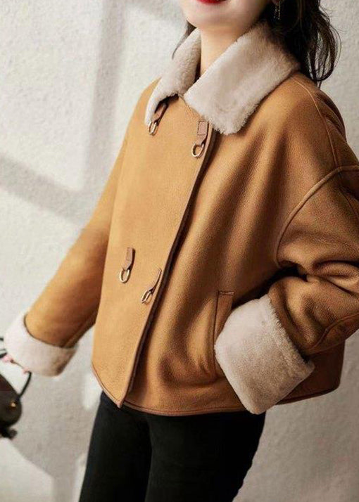 Camel Peter Pan Collar Pockets Warm Fleece Faux Suede Coat Long Sleeve