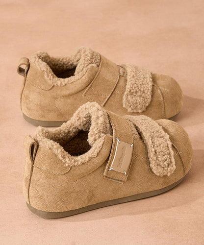 Camel Platform Suede Warm Flat Feet Shoes Buckle Strap
