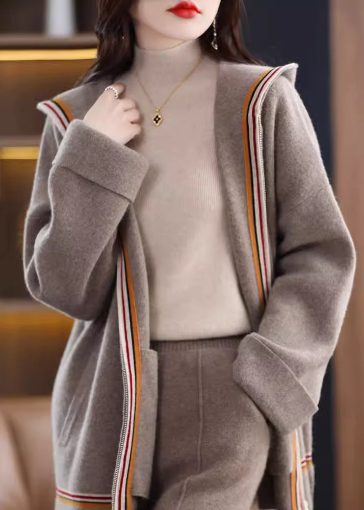 Camel Pockets Cashmere Hooded Cardigans Spring