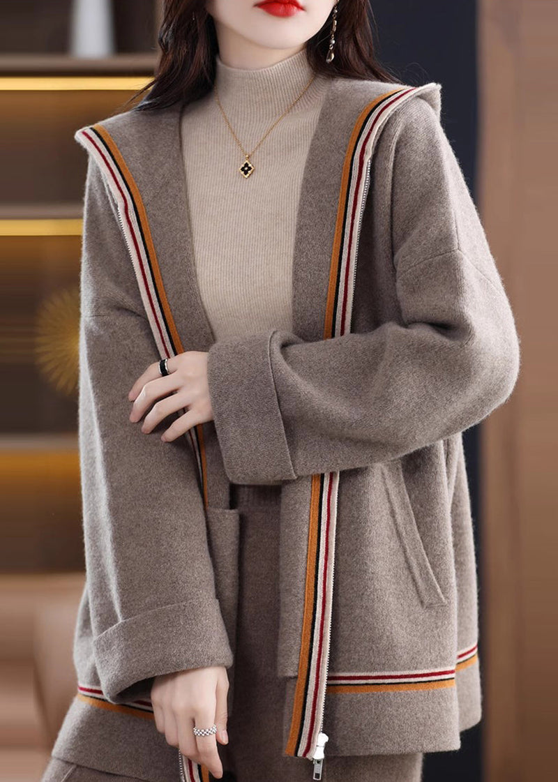 Camel Pockets Cashmere Hooded Cardigans Spring