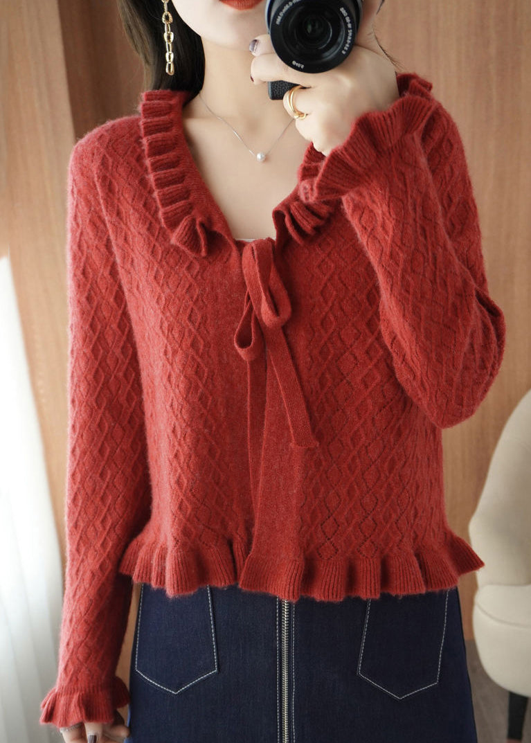 Camel Ruffled Lace Up Knitting Cardigans Long Sleeve