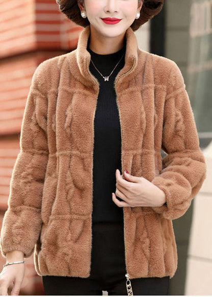Camel Color Collar Zip Up Mink Hair Knitted Coats Winter