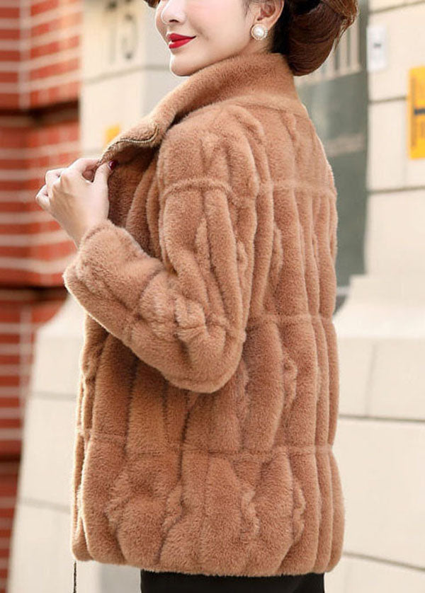 Camel Color Collar Zip Up Mink Hair Knitted Coats Winter