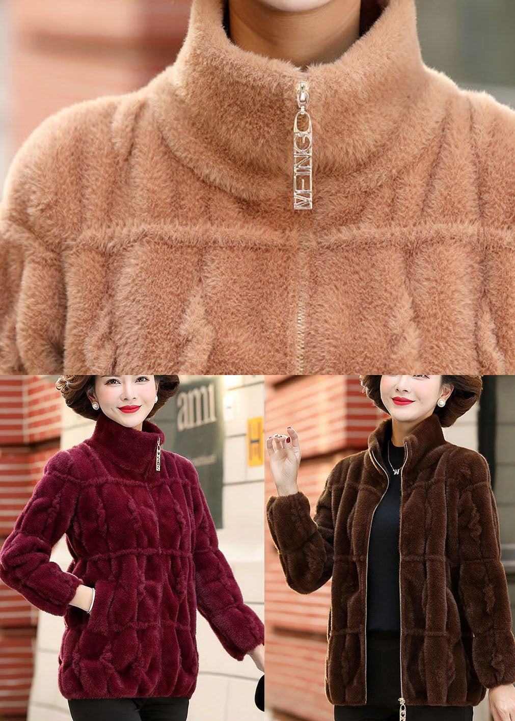 Camel Color Collar Zip Up Mink Hair Knitted Coats Winter