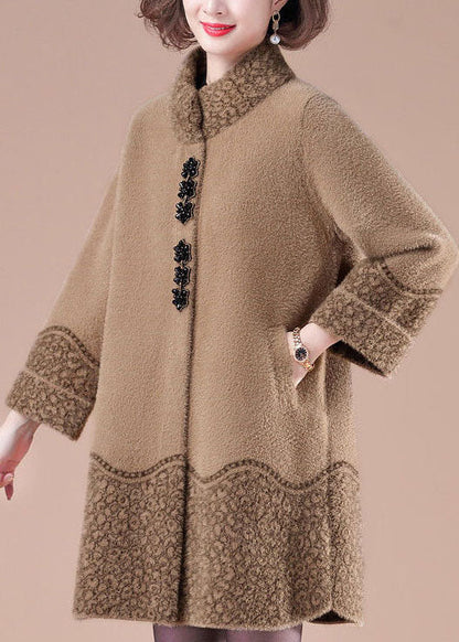 Camel Stand Collar Pockets Print Mink Hair Knitted Jackets Winter