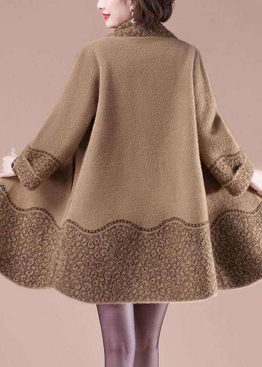 Camel Stand Collar Pockets Print Mink Hair Knitted Jackets Winter
