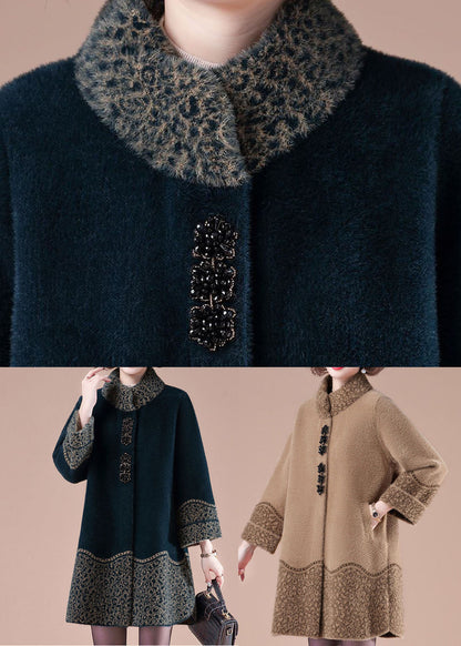 Camel Stand Collar Pockets Print Mink Hair Knitted Jackets Winter