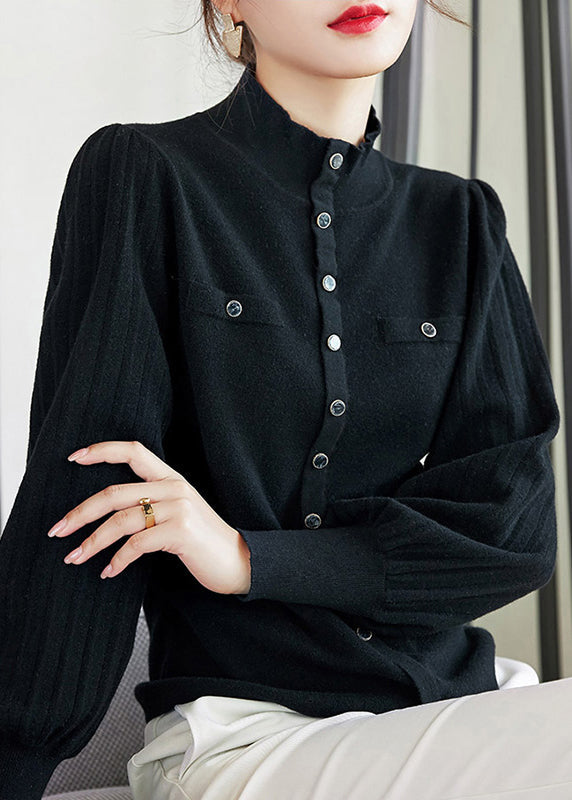 Camel Turtleneck Patchwork Cotton Knit Tops Lantern Sleeve