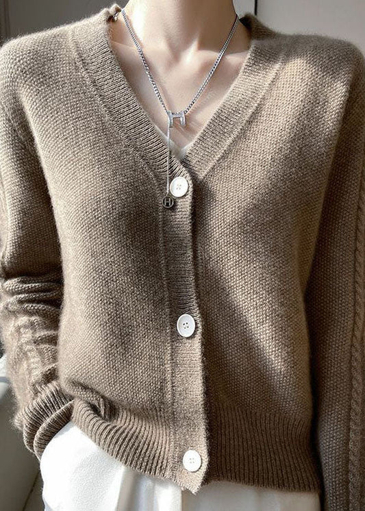 Camel V Neck Patchwork Wool Cardigans Coat Spring