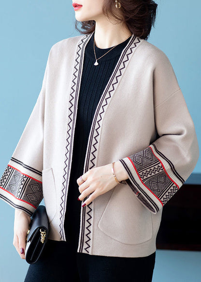 Camel V Neck Print Pockets Patchwork Knit Cardigans Fall