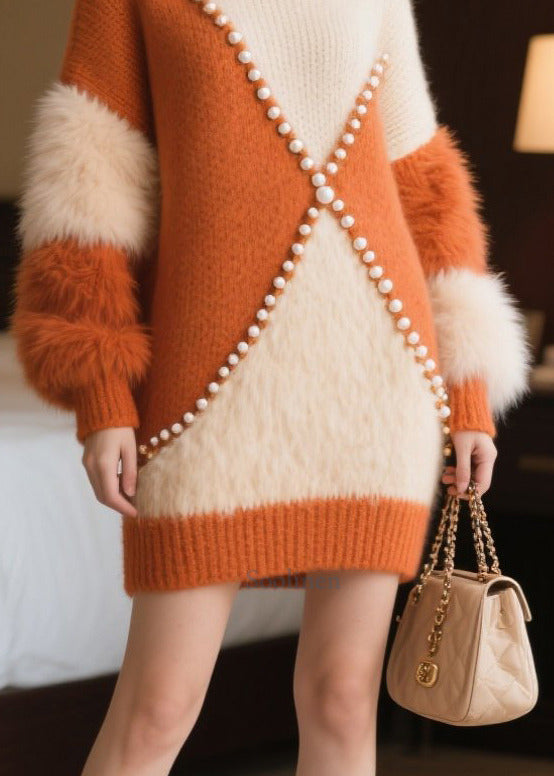 Caramel Nail Bead Patchwork Faux Fur Sweater Dress Winter