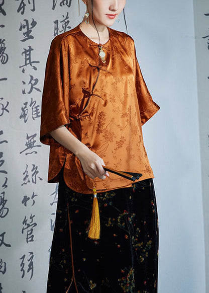 Caramel O-neck Oriental Button Side Open Jacquard Silk Shirt Half Sleeve