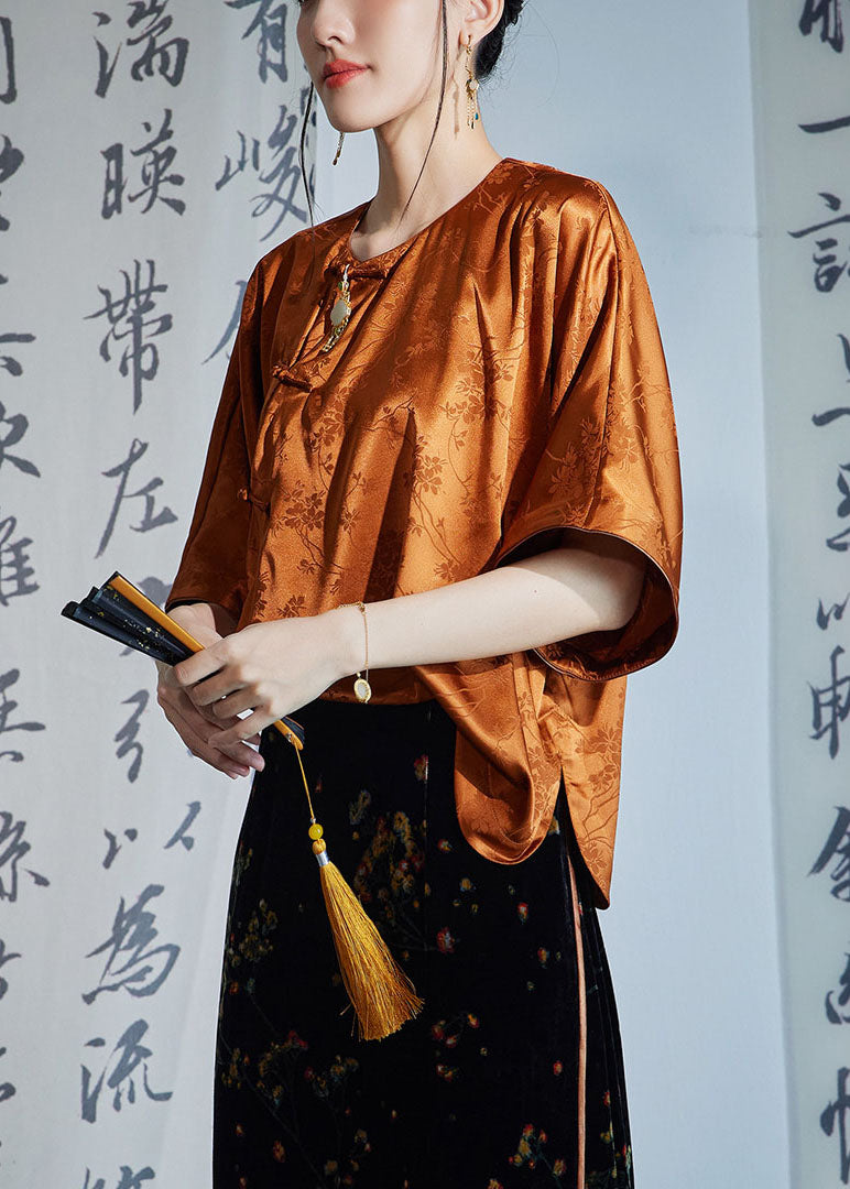 Caramel O-neck Oriental Button Side Open Jacquard Silk Shirt Half Sleeve