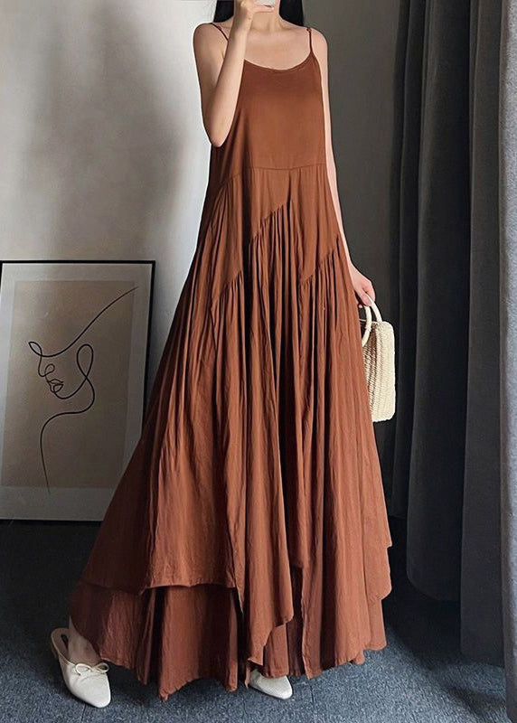 Caramel O Neck Wrinkled Patchwork Cotton Spaghetti Strap Dress Sleeveless