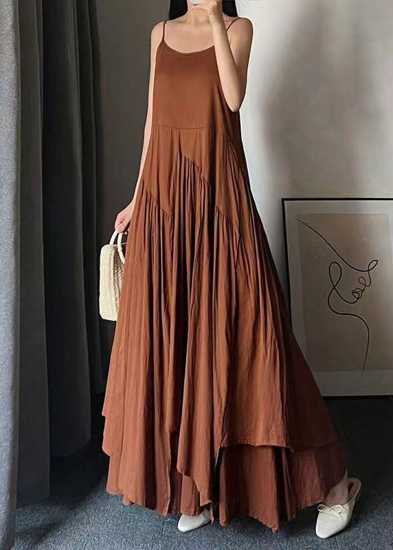 Caramel O Neck Wrinkled Patchwork Cotton Spaghetti Strap Dress Sleeveless