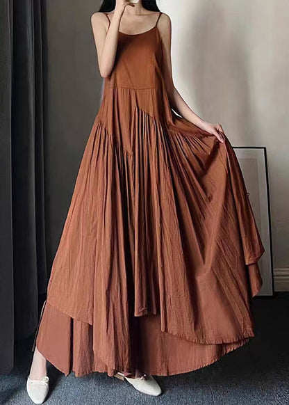 Caramel O Neck Wrinkled Patchwork Cotton Spaghetti Strap Dress Sleeveless