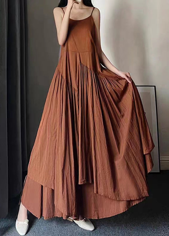 Caramel O Neck Wrinkled Patchwork Cotton Spaghetti Strap Dress Sleeveless